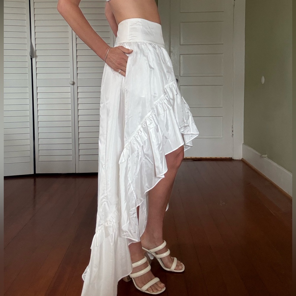 LoveShackFancy White High-Low Maxi Skirt ruffle satine shine